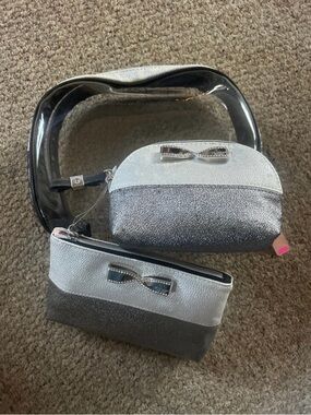 Victoria's Secret Silver Glitter Bow Cosmetic Pouch Trio